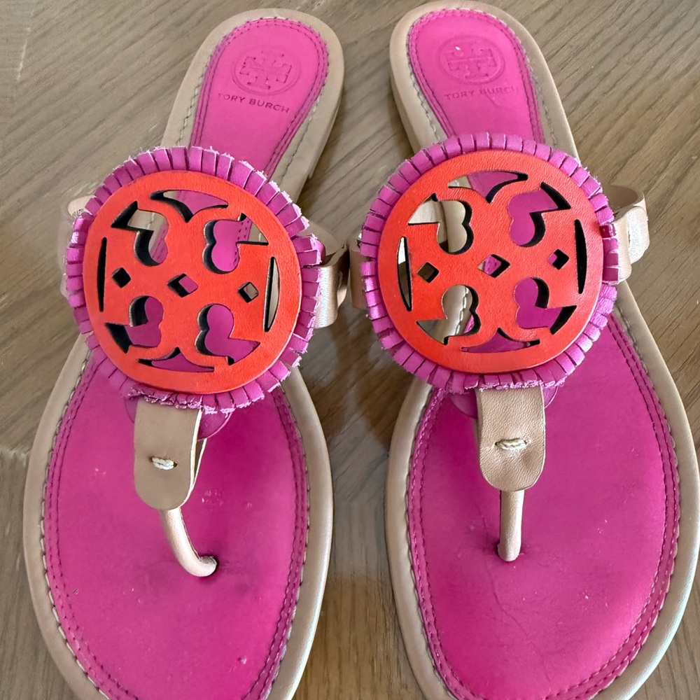 Tory Burch Vibrant Pink and Orange Thong Sandals